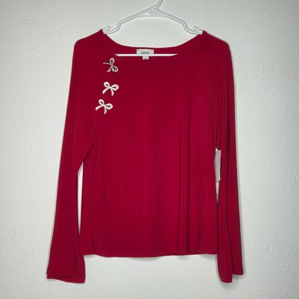NWT CeCe Women's Bow Placket Blouse - Red - Picture 1 of 5